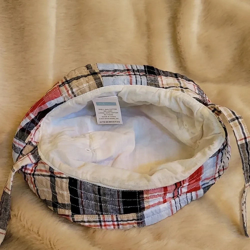 Janie AND JACK BLUE AND RED PLAID SUMMER BUCKET HAT WITH STRAP, SIZE 12-24 MOS.